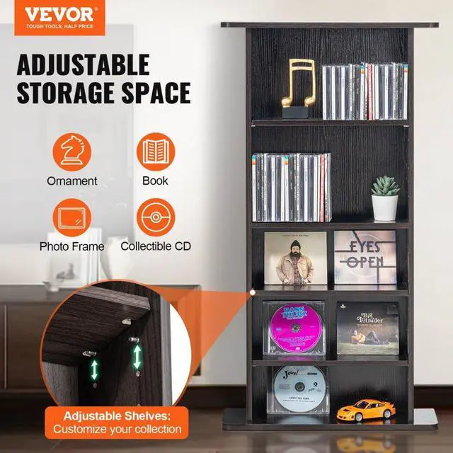 Alt view image 2 of 14 - VEVOR Media Storage Cabinet, 5-Layer DVD Shelf Holds 240 CDs, Adjustable CD Shelves 5 Compartments, Protects & Organizes Music, Movie, Video Games or Memorabilia Collections,  Nut-brown