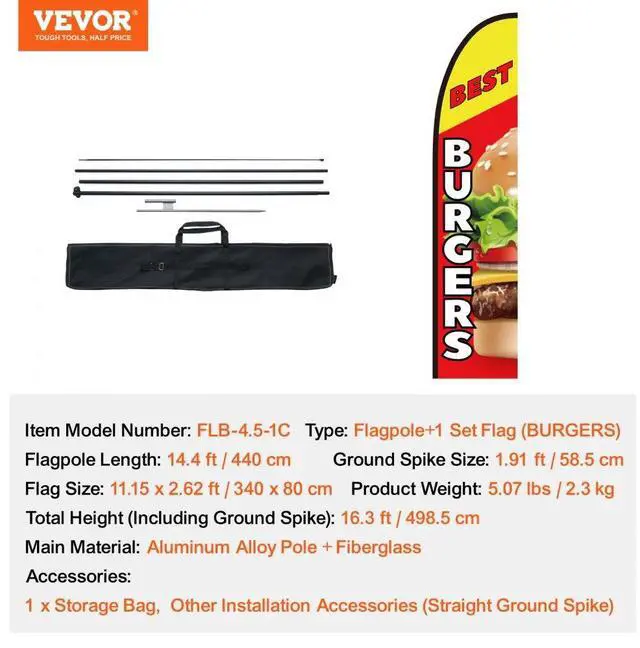 Alt view image 7 of 7 - VEVOR Burger Restaurant Advertising Feather Flag Kit Swooper Flag Poles 16.3 FT