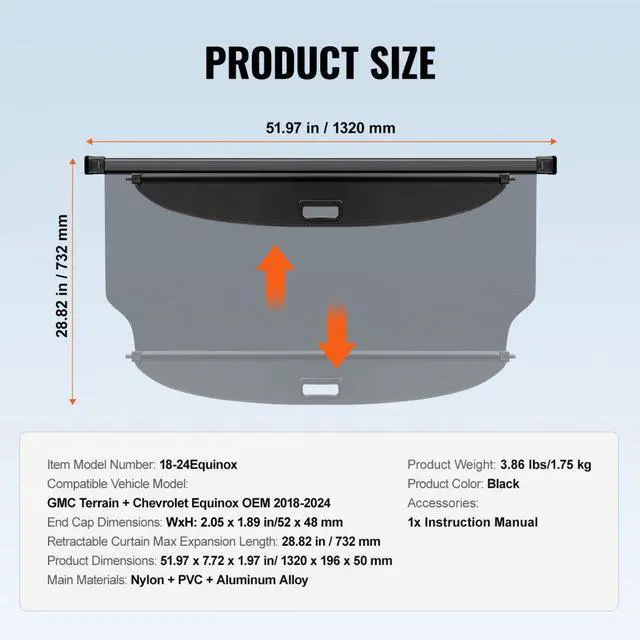 Alt view image 7 of 7 - VEVOR Retractable Cargo Cover for GMC Terrain + Chevrolet Equinox 2018-2024