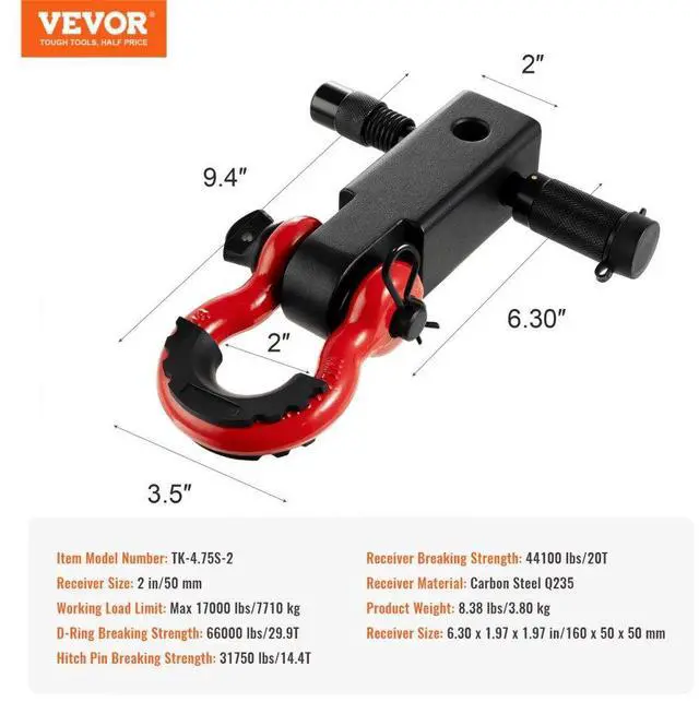 Alt view image 7 of 7 - VEVOR 2" Trailer Shackle Hitch Receiver D-Ring Recovery for Truck Jeep 66000 lbs