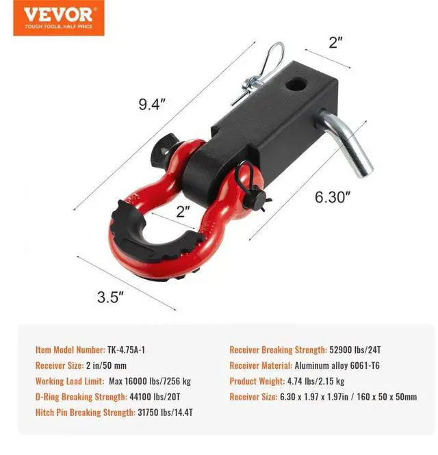 Alt view image 7 of 7 - VEVOR 2" Trailer Shackle Hitch Receiver D-Ring Recovery for Truck Jeep 52900 lbs