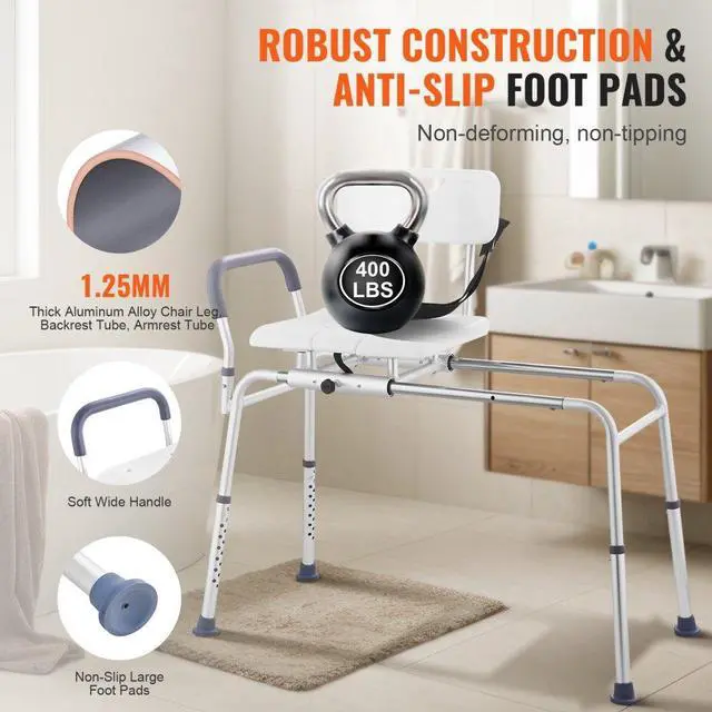 Alt view image 4 of 7 - VEVOR Sliding Tub Transfer Bench Shower Chair & Cut-Out Seat Reversible Backrest