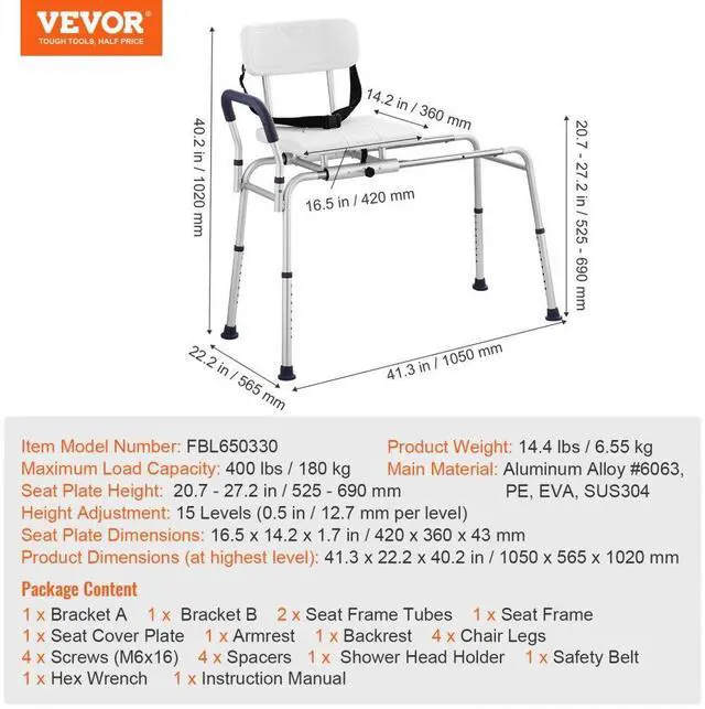 Alt view image 7 of 7 - VEVOR Sliding Tub Transfer Bench Shower Chair & Cut-Out Seat Reversible Backrest