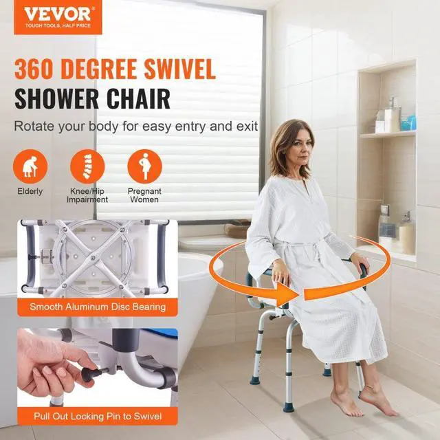 Alt view image 2 of 7 - VEVOR Shower Chair 360° Swivel Tub Shower Seat with Armrests & Backrest 400lbs