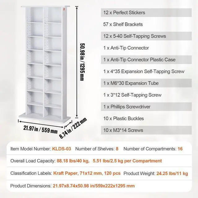 Alt view image 7 of 14 - VEVOR Media Storage Cabinet, 8-Layer DVD Shelf Holds 464 CDs, Adjustable CD Shelves 16 Compartments, Protects & Organizes Music, Movie, Video Games or Memorabilia Collections, White