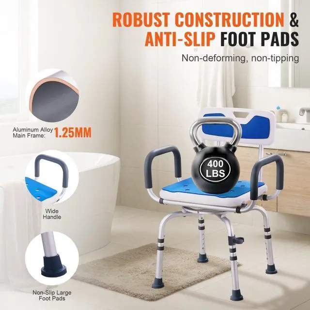 Alt view image 4 of 7 - VEVOR Shower Chair 360° Swivel Tub Shower Seat with Armrests & Backrest 400lbs