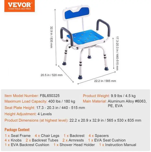 Alt view image 7 of 7 - VEVOR Shower Chair 360° Swivel Tub Shower Seat with Armrests & Backrest 400lbs