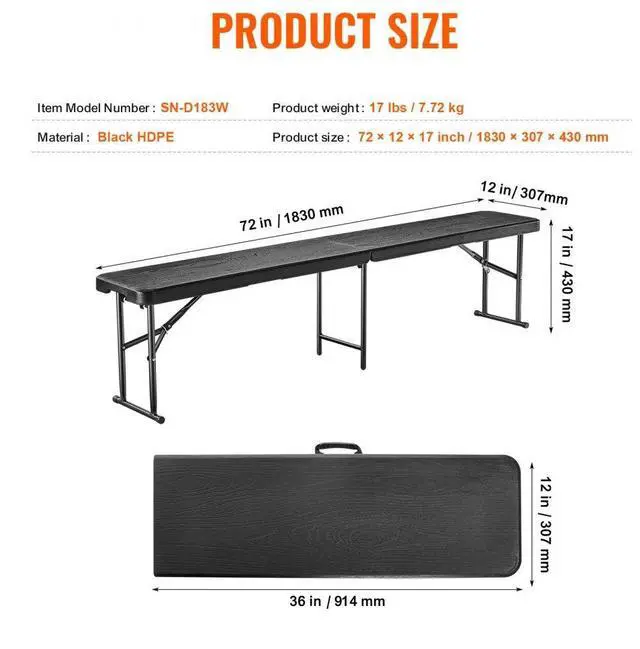Alt view image 7 of 7 - VEVOR 6FT Plastic Folding Bench Portable Outdoor Bench for Picnic Camping Garden