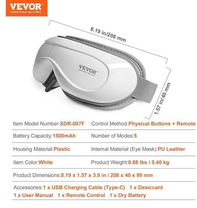 Alt view image 7 of 8 - VEVOR Eye Massager with Heat & Remote Eye Care Device 5 Modes Bluetooth Music