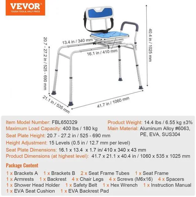 Alt view image 7 of 7 - VEVOR Sliding Tub Transfer Bench Shower Chair with 360 Degree Swivel Seat 400LBS