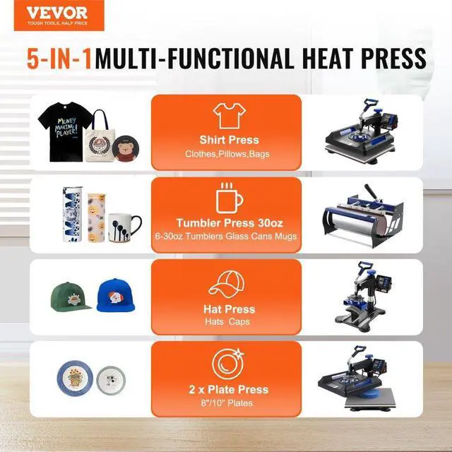 Alt view image 2 of 7 - VEVOR  5 in 1 Heat Press Machine 15x15 in 30oz Tumbler Press T-Shirts Black+Blue