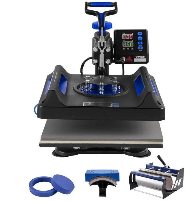Main image of VEVOR  5 in 1 Heat Press Machine 15x15 in 30oz Tumbler Press T-Shirts Black+Blue