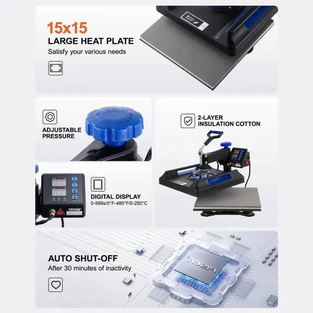 Alt view image 6 of 7 - VEVOR  5 in 1 Heat Press Machine 15x15 in 30oz Tumbler Press T-Shirts Black+Blue