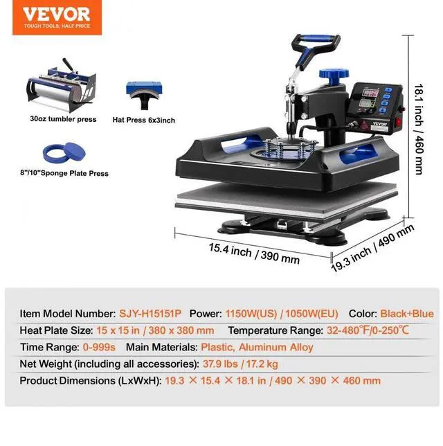 Alt view image 7 of 7 - VEVOR  5 in 1 Heat Press Machine 15x15 in 30oz Tumbler Press T-Shirts Black+Blue