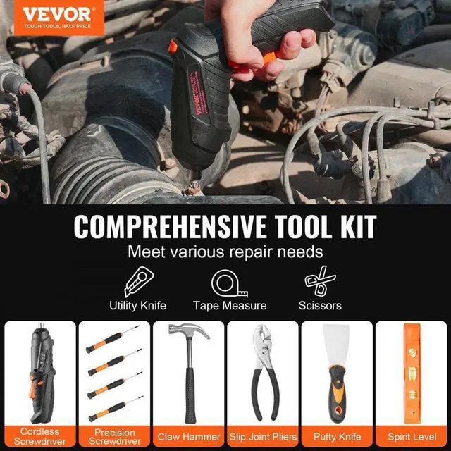 Alt view image 2 of 7 - VEVOR Tool Kit 96 Piece Household Hand Tool Set Cordless Screwdriver Tool Case