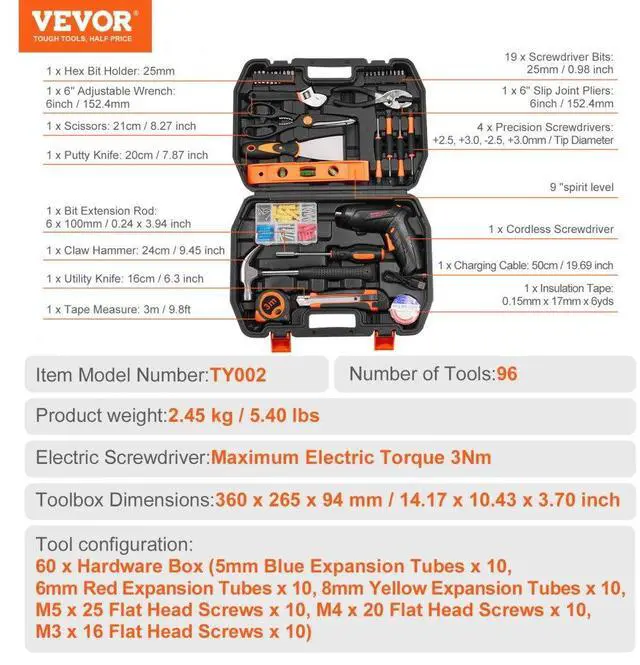 Alt view image 7 of 7 - VEVOR Tool Kit 96 Piece Household Hand Tool Set Cordless Screwdriver Tool Case
