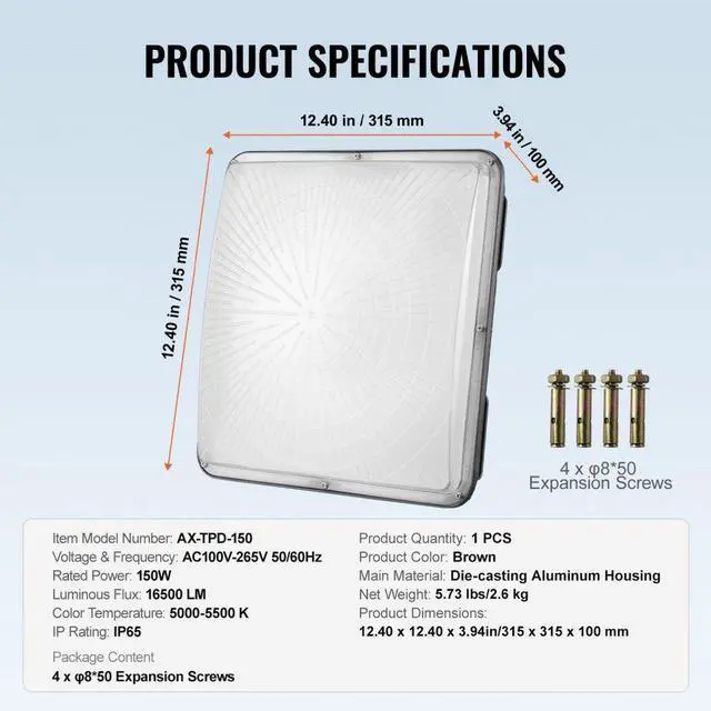 Alt view image 7 of 7 - VEVOR LED Canopy Light 150W 16500LM 5000K Daylight Outdoor Canopy Lighting IP65