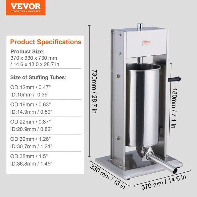 Alt view image 7 of 7 - VEVOR Manual Sausage Stuffer 15 L Vertical Sausage Machine 304 Stainless Steel