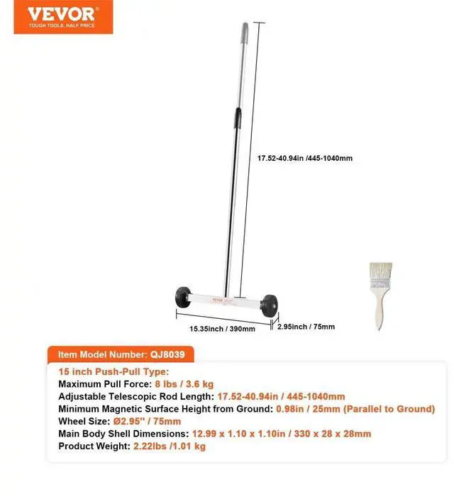 Alt view image 7 of 7 - VEVOR Magnetic Sweeper with Wheels 15inch Mini 8 lbs Capacity Adjustable Handle