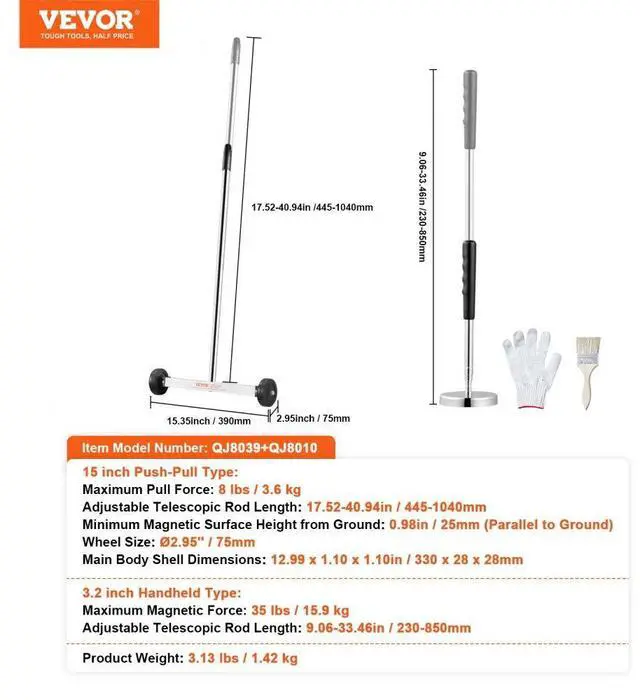 Alt view image 7 of 7 - VEVOR 15-Inch Magnetic Sweeper with Wheels Telescoping Magnetic Pickup Tool