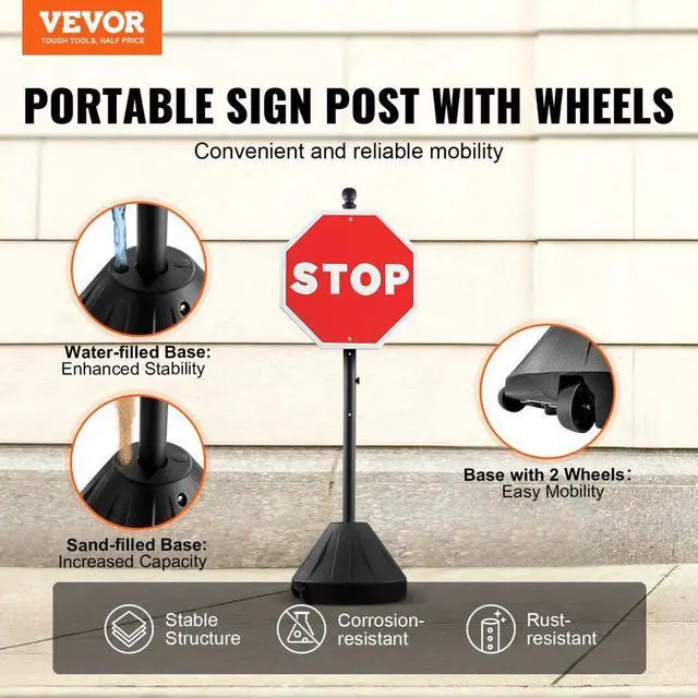 Alt view image 2 of 14 - VEVOR Portable Sign Post, 5 ft Cast Iron Sign Post Holder with Hard Plastic Base & Wheels, Movable Parking Sign Stand for No Parking Street Signs, Handicap Parking Sign, with Base, Bolts Nuts, Black