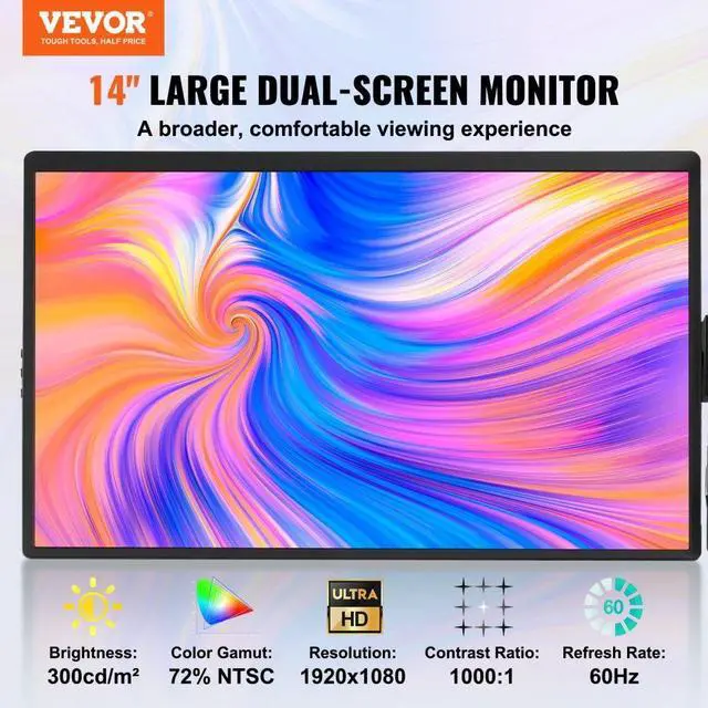 Alt view image 3 of 8 - VEVOR Portable Laptop Screen Extender, 14" FHD 1080P IPS Dual Extended Monitor for 13"-17" Laptop, Swivel Portable Monitor USB-C/USB-A/Mini HDMI Port, Compatible with Mac/Wins/Android/Switch/PS5