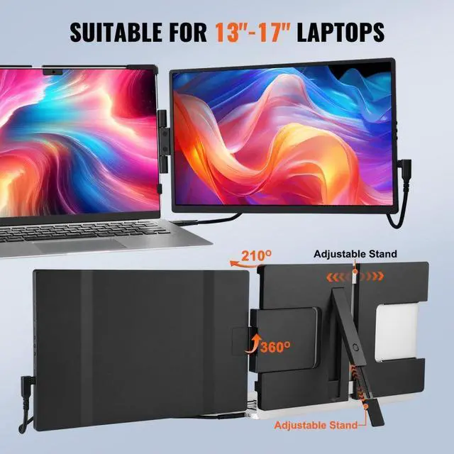 Alt view image 5 of 8 - VEVOR Portable Laptop Screen Extender, 14" FHD 1080P IPS Dual Extended Monitor for 13"-17" Laptop, Swivel Portable Monitor USB-C/USB-A/Mini HDMI Port, Compatible with Mac/Wins/Android/Switch/PS5