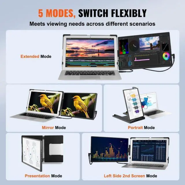Alt view image 6 of 8 - VEVOR Portable Laptop Screen Extender, 14" FHD 1080P IPS Dual Extended Monitor for 13"-17" Laptop, Swivel Portable Monitor USB-C/USB-A/Mini HDMI Port, Compatible with Mac/Wins/Android/Switch/PS5