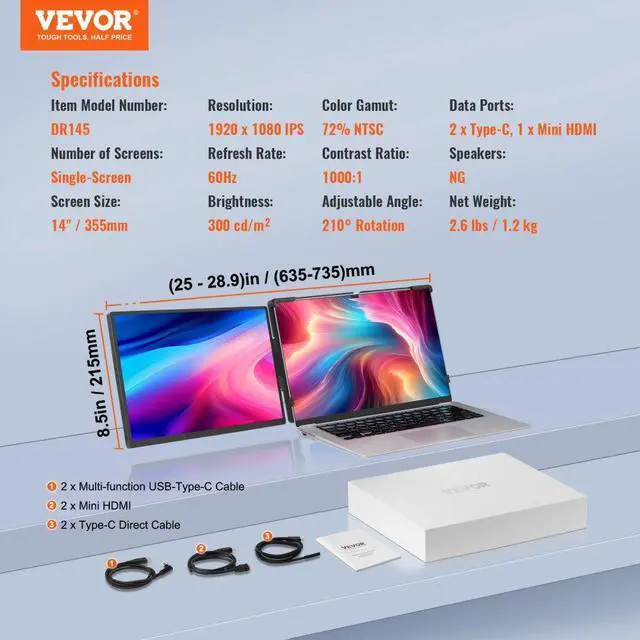 Alt view image 8 of 8 - VEVOR Portable Laptop Screen Extender, 14" FHD 1080P IPS Dual Extended Monitor for 13"-17" Laptop, Swivel Portable Monitor USB-C/USB-A/Mini HDMI Port, Compatible with Mac/Wins/Android/Switch/PS5