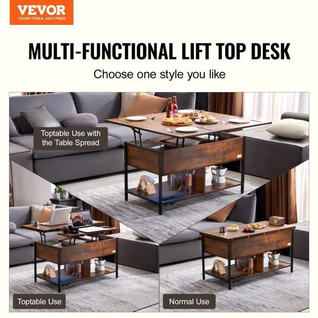 Alt view image 2 of 7 - VEVOR  Coffee Table, Lift Top Coffee Table with Fabric Storage Bag, Small Coffee Table with Charging Station & USB & LED Light, 4-in-1 Coffee Tables for Living Room & Office, Brown