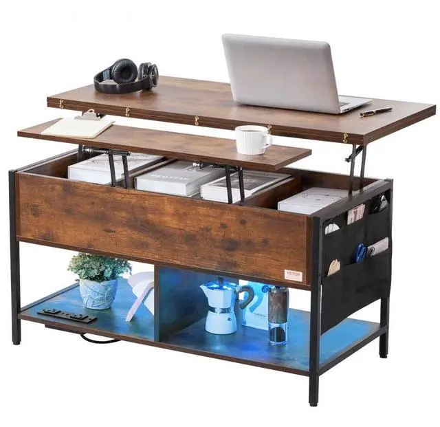 Main image of VEVOR  Coffee Table, Lift Top Coffee Table with Fabric Storage Bag, Small Coffee Table with Charging Station & USB & LED Light, 4-in-1 Coffee Tables for Living Room & Office, Brown