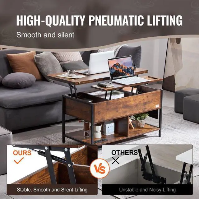 Alt view image 3 of 7 - VEVOR  Coffee Table, Lift Top Coffee Table with Fabric Storage Bag, Small Coffee Table with Charging Station & USB & LED Light, 4-in-1 Coffee Tables for Living Room & Office, Brown