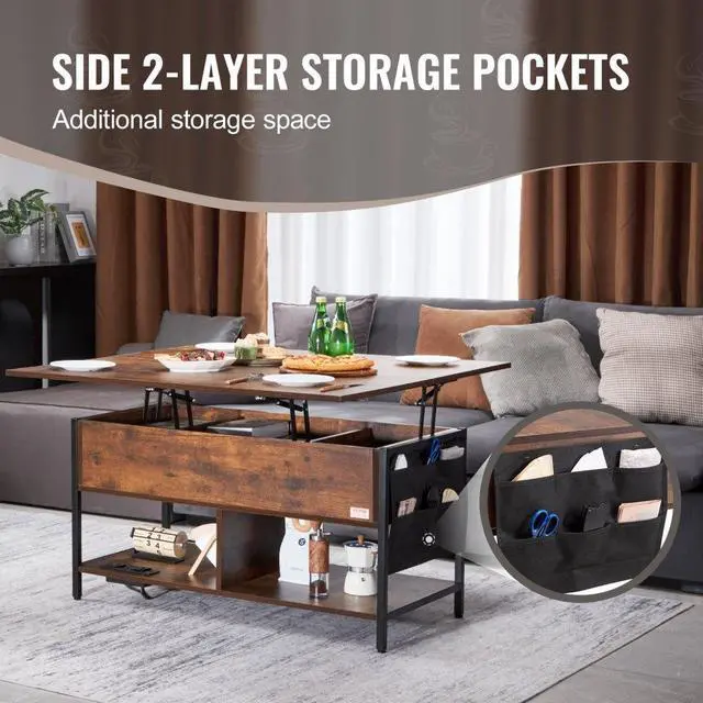 Alt view image 4 of 7 - VEVOR  Coffee Table, Lift Top Coffee Table with Fabric Storage Bag, Small Coffee Table with Charging Station & USB & LED Light, 4-in-1 Coffee Tables for Living Room & Office, Brown