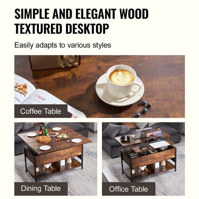 Alt view image 6 of 7 - VEVOR  Coffee Table, Lift Top Coffee Table with Fabric Storage Bag, Small Coffee Table with Charging Station & USB & LED Light, 4-in-1 Coffee Tables for Living Room & Office, Brown