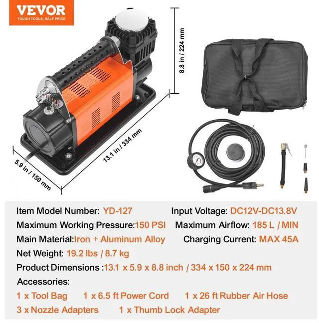 Alt view image 7 of 7 - VEVOR Heavy Duty Air Compressor 7.06CFM 150PSI Portable Tire Inflator Air Pump