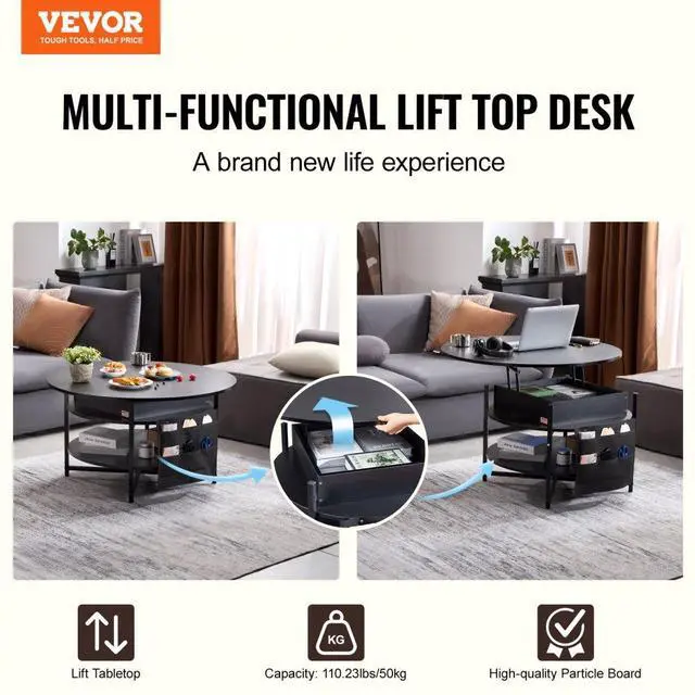 Alt view image 2 of 7 - VEVOR  Lift Top Coffee Table 35.3" Round Coffee Table with Storage Drawers, Hidden Compartments and Open Shelf for Living Room, Home, Office, Black