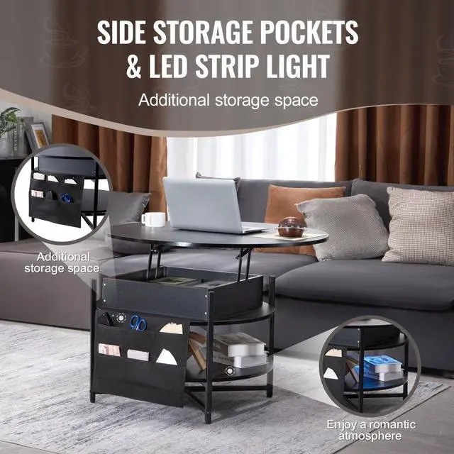 Alt view image 4 of 7 - VEVOR  Lift Top Coffee Table 35.3" Round Coffee Table with Storage Drawers, Hidden Compartments and Open Shelf for Living Room, Home, Office, Black