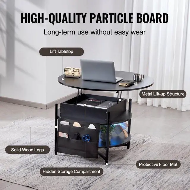 Alt view image 5 of 7 - VEVOR  Lift Top Coffee Table 35.3" Round Coffee Table with Storage Drawers, Hidden Compartments and Open Shelf for Living Room, Home, Office, Black