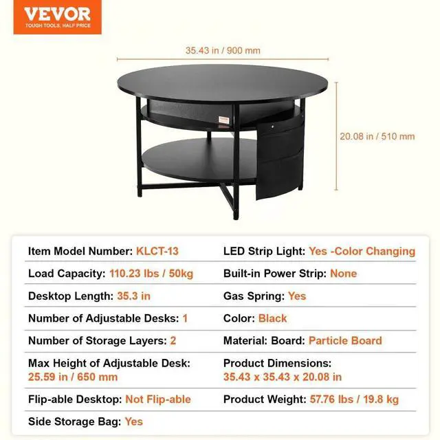 Alt view image 7 of 7 - VEVOR  Lift Top Coffee Table 35.3" Round Coffee Table with Storage Drawers, Hidden Compartments and Open Shelf for Living Room, Home, Office, Black