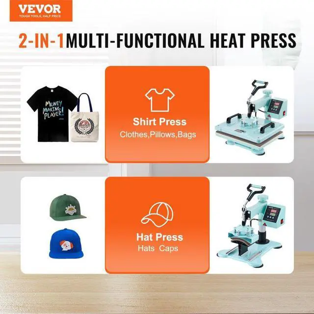 Alt view image 2 of 7 - VEVOR Heat Press Machine 12x15 in 2 in 1 Heat Transfer Machine for T-Shirts Hats