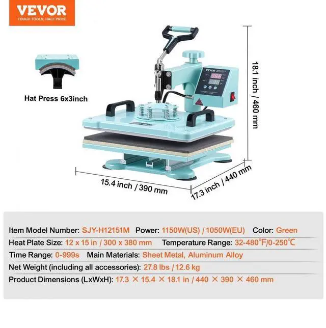 Alt view image 7 of 7 - VEVOR Heat Press Machine 12x15 in 2 in 1 Heat Transfer Machine for T-Shirts Hats