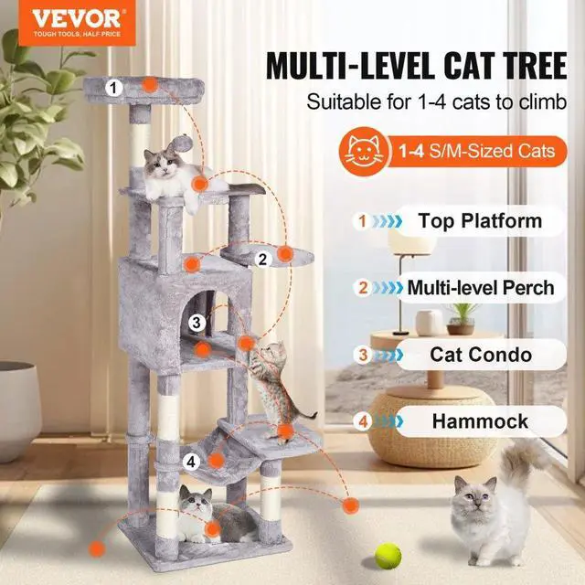 Alt view image 2 of 7 - VEVOR Cat Tree 60.6" Cat Tower with Cat Condo Sisal Scratching Post Light Grey