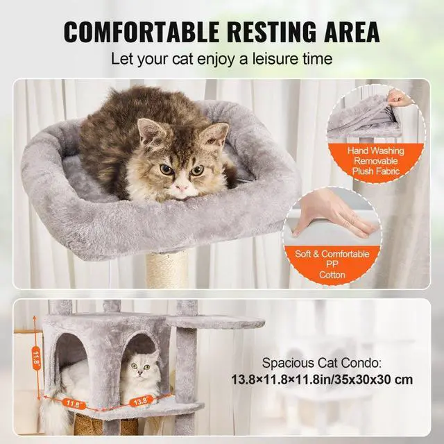 Alt view image 3 of 7 - VEVOR Cat Tree 60.6" Cat Tower with Cat Condo Sisal Scratching Post Light Grey