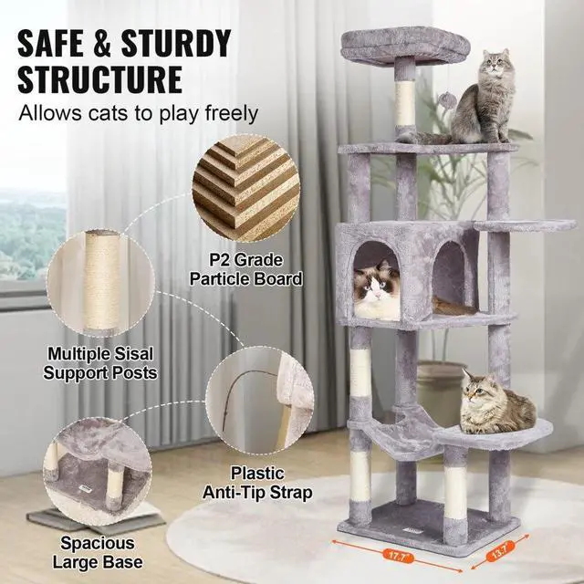 Alt view image 6 of 7 - VEVOR Cat Tree 60.6" Cat Tower with Cat Condo Sisal Scratching Post Light Grey