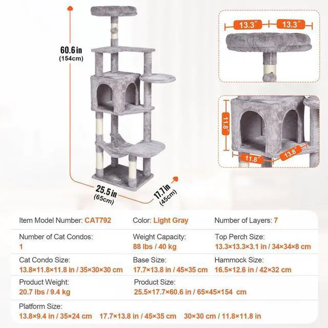 Alt view image 7 of 7 - VEVOR Cat Tree 60.6" Cat Tower with Cat Condo Sisal Scratching Post Light Grey