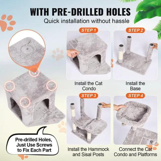 Alt view image 5 of 7 - VEVOR Cat Tree 60.6" Cat Tower with Cat Condo Sisal Scratching Post Light Grey