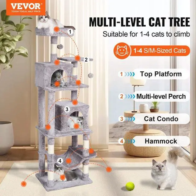 Alt view image 2 of 7 - VEVOR Cat Tree 63" Cat Tower with 2 Cat Condos Sisal Scratching Post Light Grey