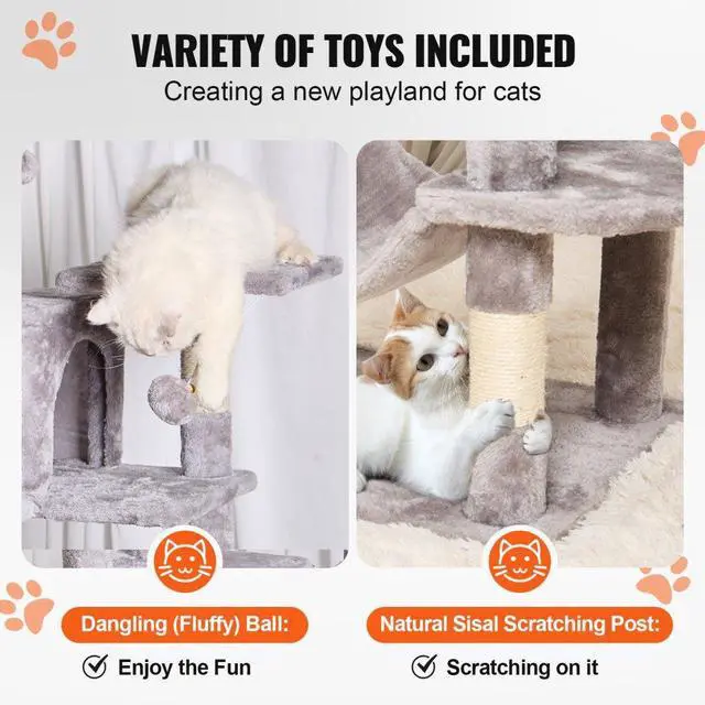 Alt view image 4 of 7 - VEVOR Cat Tree 63" Cat Tower with 2 Cat Condos Sisal Scratching Post Light Grey