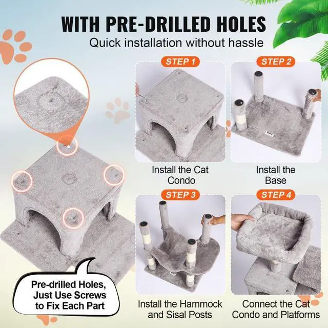 Alt view image 5 of 7 - VEVOR Cat Tree 63" Cat Tower with 2 Cat Condos Sisal Scratching Post Light Grey