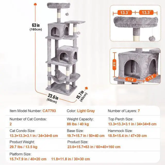 Alt view image 7 of 7 - VEVOR Cat Tree 63" Cat Tower with 2 Cat Condos Sisal Scratching Post Light Grey